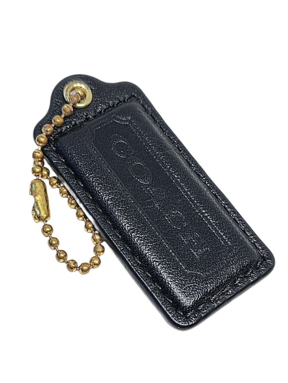 🆕 2.25" Coach Gold Black Polished Leather Hangtag Fob Purse Charm Keychain Y2K